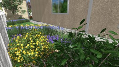 Memleketin peyzaj tasarımının 3 boyutlu görüntüsü. Bölgenin peyzajı. Birleşik peyzaj ve peyzaj çözümlerinin bilgisayar görselleştirmesi.