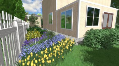 Memleketin peyzaj tasarımının 3 boyutlu görüntüsü. Bölgenin peyzajı. Birleşik peyzaj ve peyzaj çözümlerinin bilgisayar görselleştirmesi.