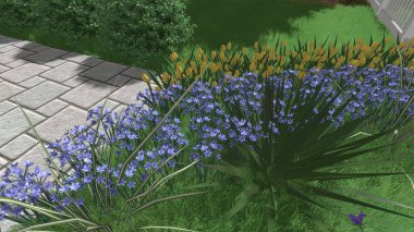 Memleketin peyzaj tasarımının 3 boyutlu görüntüsü. Bölgenin peyzajı. Birleşik peyzaj ve peyzaj çözümlerinin bilgisayar görselleştirmesi.