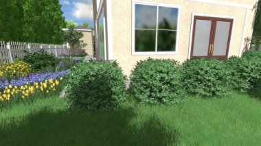 Memleketin peyzaj tasarımının 3 boyutlu görüntüsü. Bölgenin peyzajı. Birleşik peyzaj ve peyzaj çözümlerinin bilgisayar görselleştirmesi.