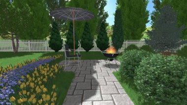 Memleketin peyzaj tasarımının 3 boyutlu görüntüsü. Bölgenin peyzajı. Birleşik peyzaj ve peyzaj çözümlerinin bilgisayar görselleştirmesi.