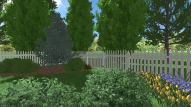 Memleketin peyzaj tasarımının 3 boyutlu görüntüsü. Bölgenin peyzajı. Birleşik peyzaj ve peyzaj çözümlerinin bilgisayar görselleştirmesi.