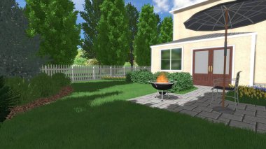 Memleketin peyzaj tasarımının 3 boyutlu görüntüsü. Bölgenin peyzajı. Birleşik peyzaj ve peyzaj çözümlerinin bilgisayar görselleştirmesi.