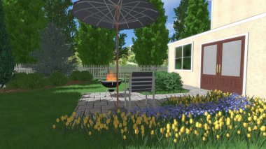 Memleketin peyzaj tasarımının 3 boyutlu görüntüsü. Bölgenin peyzajı. Birleşik peyzaj ve peyzaj çözümlerinin bilgisayar görselleştirmesi.