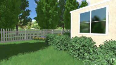Memleketin peyzaj tasarımının 3 boyutlu görüntüsü. Bölgenin peyzajı. Birleşik peyzaj ve peyzaj çözümlerinin bilgisayar görselleştirmesi.