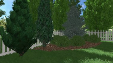 Memleketin peyzaj tasarımının 3 boyutlu görüntüsü. Bölgenin peyzajı. Birleşik peyzaj ve peyzaj çözümlerinin bilgisayar görselleştirmesi.