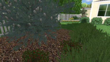 Memleketin peyzaj tasarımının 3 boyutlu görüntüsü. Bölgenin peyzajı. Birleşik peyzaj ve peyzaj çözümlerinin bilgisayar görselleştirmesi.