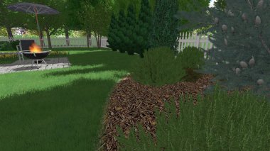 Memleketin peyzaj tasarımının 3 boyutlu görüntüsü. Bölgenin peyzajı. Birleşik peyzaj ve peyzaj çözümlerinin bilgisayar görselleştirmesi.