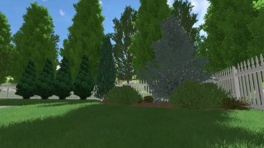 Memleketin peyzaj tasarımının 3 boyutlu görüntüsü. Bölgenin peyzajı. Birleşik peyzaj ve peyzaj çözümlerinin bilgisayar görselleştirmesi.