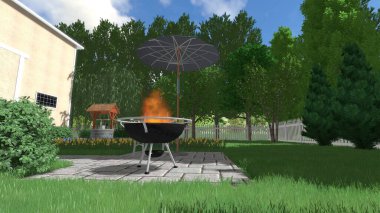 Memleketin peyzaj tasarımının 3 boyutlu görüntüsü. Bölgenin peyzajı. Birleşik peyzaj ve peyzaj çözümlerinin bilgisayar görselleştirmesi.