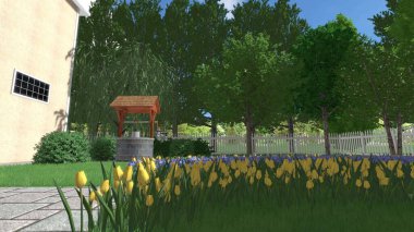 Memleketin peyzaj tasarımının 3 boyutlu görüntüsü. Bölgenin peyzajı. Birleşik peyzaj ve peyzaj çözümlerinin bilgisayar görselleştirmesi.