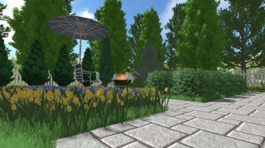 Memleketin peyzaj tasarımının 3 boyutlu görüntüsü. Bölgenin peyzajı. Birleşik peyzaj ve peyzaj çözümlerinin bilgisayar görselleştirmesi.