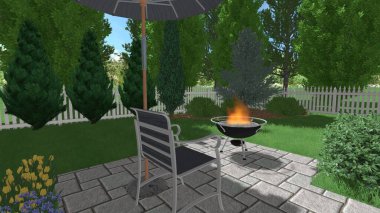 Memleketin peyzaj tasarımının 3 boyutlu görüntüsü. Bölgenin peyzajı. Birleşik peyzaj ve peyzaj çözümlerinin bilgisayar görselleştirmesi.