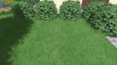 Memleketin peyzaj tasarımının 3 boyutlu görüntüsü. Bölgenin peyzajı. Birleşik peyzaj ve peyzaj çözümlerinin bilgisayar görselleştirmesi.