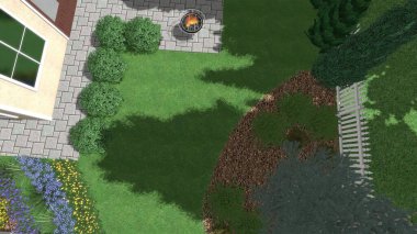 Memleketin peyzaj tasarımının 3 boyutlu görüntüsü. Bölgenin peyzajı. Birleşik peyzaj ve peyzaj çözümlerinin bilgisayar görselleştirmesi.