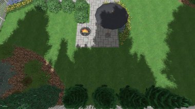 Memleketin peyzaj tasarımının 3 boyutlu görüntüsü. Bölgenin peyzajı. Birleşik peyzaj ve peyzaj çözümlerinin bilgisayar görselleştirmesi.