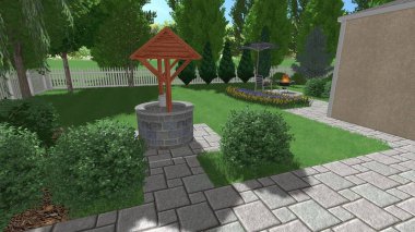 Memleketin peyzaj tasarımının 3 boyutlu görüntüsü. Bölgenin peyzajı. Birleşik peyzaj ve peyzaj çözümlerinin bilgisayar görselleştirmesi.