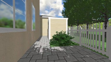 Memleketin peyzaj tasarımının 3 boyutlu görüntüsü. Bölgenin peyzajı. Birleşik peyzaj ve peyzaj çözümlerinin bilgisayar görselleştirmesi.