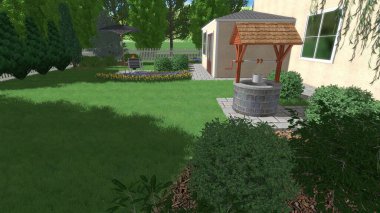 Memleketin peyzaj tasarımının 3 boyutlu görüntüsü. Bölgenin peyzajı. Birleşik peyzaj ve peyzaj çözümlerinin bilgisayar görselleştirmesi.