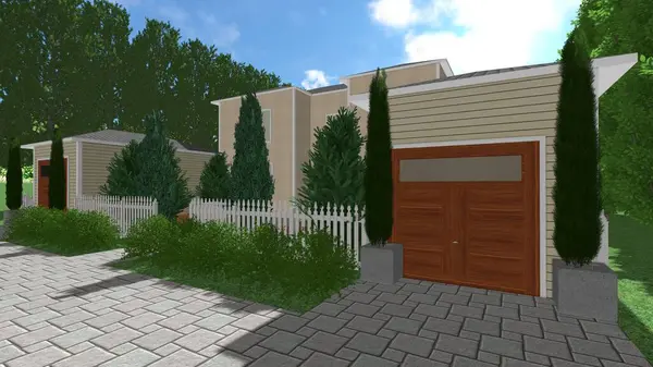 Memleketin peyzaj tasarımının 3 boyutlu görüntüsü. Bölgenin peyzajı. Birleşik peyzaj ve peyzaj çözümlerinin bilgisayar görselleştirmesi.