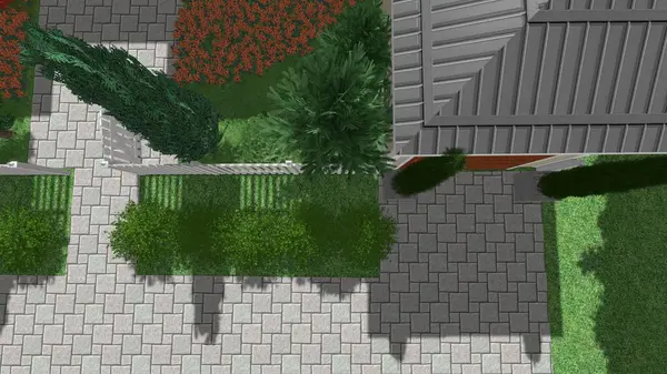 Memleketin peyzaj tasarımının 3 boyutlu görüntüsü. Bölgenin peyzajı. Birleşik peyzaj ve peyzaj çözümlerinin bilgisayar görselleştirmesi.