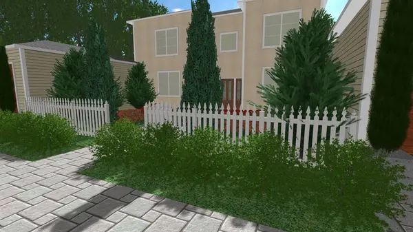 Memleketin peyzaj tasarımının 3 boyutlu görüntüsü. Bölgenin peyzajı. Birleşik peyzaj ve peyzaj çözümlerinin bilgisayar görselleştirmesi.