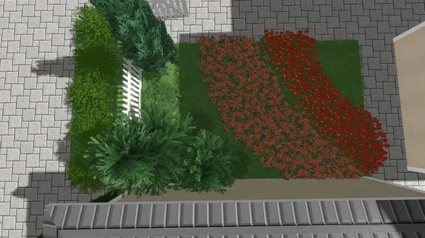 Memleketin peyzaj tasarımının 3 boyutlu görüntüsü. Bölgenin peyzajı. Birleşik peyzaj ve peyzaj çözümlerinin bilgisayar görselleştirmesi.