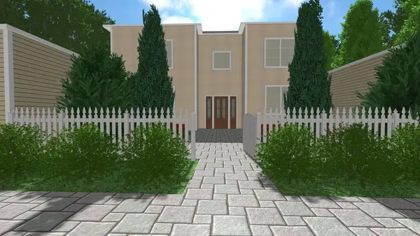 Memleketin peyzaj tasarımının 3 boyutlu görüntüsü. Bölgenin peyzajı. Birleşik peyzaj ve peyzaj çözümlerinin bilgisayar görselleştirmesi.