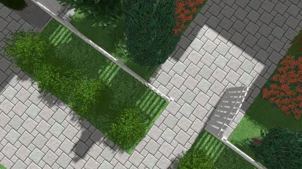 Memleketin peyzaj tasarımının 3 boyutlu görüntüsü. Bölgenin peyzajı. Birleşik peyzaj ve peyzaj çözümlerinin bilgisayar görselleştirmesi.