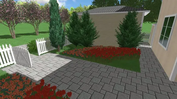 Memleketin peyzaj tasarımının 3 boyutlu görüntüsü. Bölgenin peyzajı. Birleşik peyzaj ve peyzaj çözümlerinin bilgisayar görselleştirmesi.