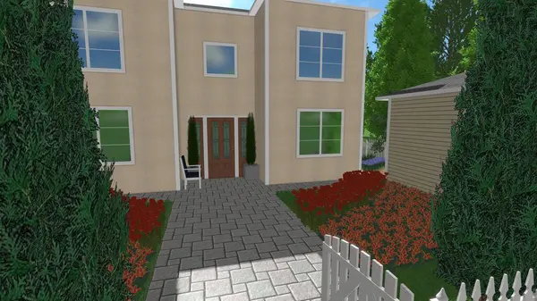 Memleketin peyzaj tasarımının 3 boyutlu görüntüsü. Bölgenin peyzajı. Birleşik peyzaj ve peyzaj çözümlerinin bilgisayar görselleştirmesi.