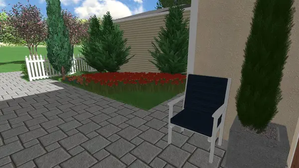 Memleketin peyzaj tasarımının 3 boyutlu görüntüsü. Bölgenin peyzajı. Birleşik peyzaj ve peyzaj çözümlerinin bilgisayar görselleştirmesi.