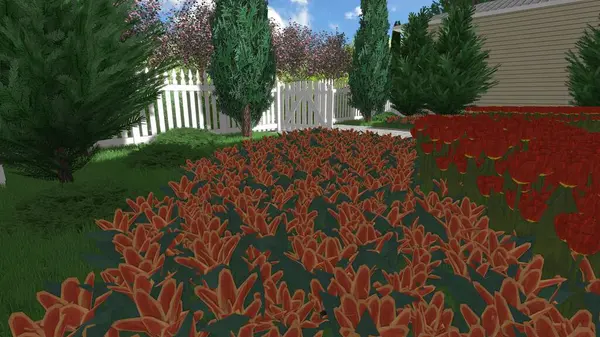 Memleketin peyzaj tasarımının 3 boyutlu görüntüsü. Bölgenin peyzajı. Birleşik peyzaj ve peyzaj çözümlerinin bilgisayar görselleştirmesi.