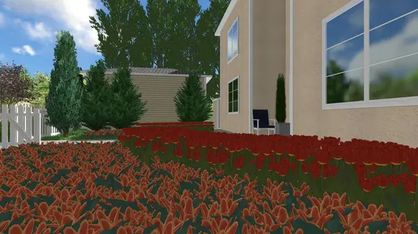 Memleketin peyzaj tasarımının 3 boyutlu görüntüsü. Bölgenin peyzajı. Birleşik peyzaj ve peyzaj çözümlerinin bilgisayar görselleştirmesi.