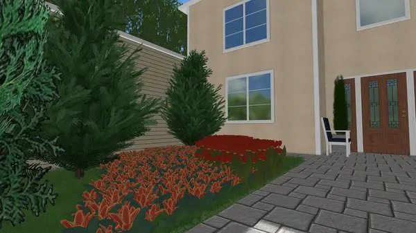 Memleketin peyzaj tasarımının 3 boyutlu görüntüsü. Bölgenin peyzajı. Birleşik peyzaj ve peyzaj çözümlerinin bilgisayar görselleştirmesi.