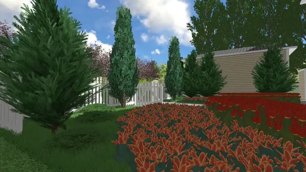 Memleketin peyzaj tasarımının 3 boyutlu görüntüsü. Bölgenin peyzajı. Birleşik peyzaj ve peyzaj çözümlerinin bilgisayar görselleştirmesi.