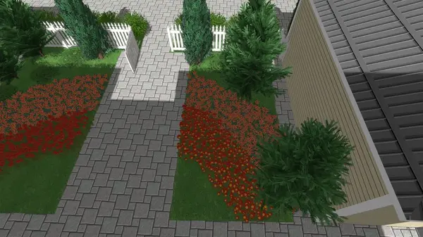 Memleketin peyzaj tasarımının 3 boyutlu görüntüsü. Bölgenin peyzajı. Birleşik peyzaj ve peyzaj çözümlerinin bilgisayar görselleştirmesi.