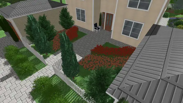 Memleketin peyzaj tasarımının 3 boyutlu görüntüsü. Bölgenin peyzajı. Birleşik peyzaj ve peyzaj çözümlerinin bilgisayar görselleştirmesi.