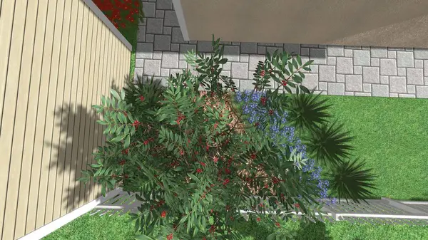 Memleketin peyzaj tasarımının 3 boyutlu görüntüsü. Bölgenin peyzajı. Birleşik peyzaj ve peyzaj çözümlerinin bilgisayar görselleştirmesi.