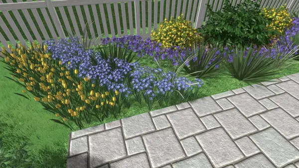 Memleketin peyzaj tasarımının 3 boyutlu görüntüsü. Bölgenin peyzajı. Birleşik peyzaj ve peyzaj çözümlerinin bilgisayar görselleştirmesi.