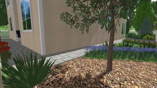 Memleketin peyzaj tasarımının 3 boyutlu görüntüsü. Bölgenin peyzajı. Birleşik peyzaj ve peyzaj çözümlerinin bilgisayar görselleştirmesi.