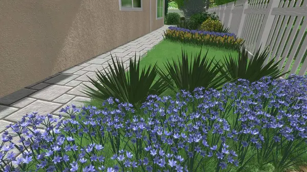 Memleketin peyzaj tasarımının 3 boyutlu görüntüsü. Bölgenin peyzajı. Birleşik peyzaj ve peyzaj çözümlerinin bilgisayar görselleştirmesi.