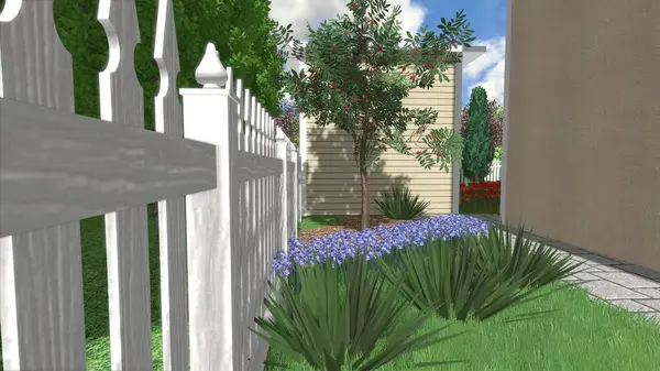 Memleketin peyzaj tasarımının 3 boyutlu görüntüsü. Bölgenin peyzajı. Birleşik peyzaj ve peyzaj çözümlerinin bilgisayar görselleştirmesi.