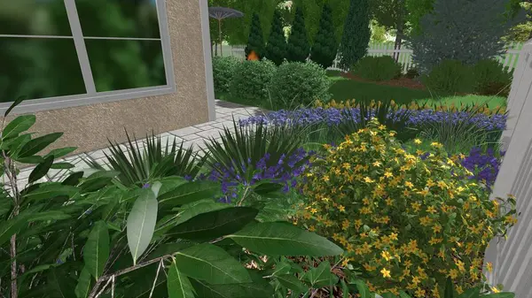 Memleketin peyzaj tasarımının 3 boyutlu görüntüsü. Bölgenin peyzajı. Birleşik peyzaj ve peyzaj çözümlerinin bilgisayar görselleştirmesi.