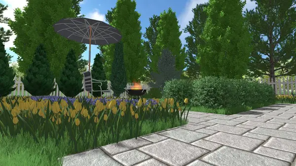 Memleketin peyzaj tasarımının 3 boyutlu görüntüsü. Bölgenin peyzajı. Birleşik peyzaj ve peyzaj çözümlerinin bilgisayar görselleştirmesi.