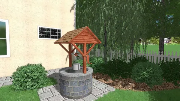 Memleketin peyzaj tasarımının 3 boyutlu görüntüsü. Bölgenin peyzajı. Birleşik peyzaj ve peyzaj çözümlerinin bilgisayar görselleştirmesi.