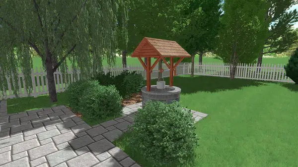 Memleketin peyzaj tasarımının 3 boyutlu görüntüsü. Bölgenin peyzajı. Birleşik peyzaj ve peyzaj çözümlerinin bilgisayar görselleştirmesi.