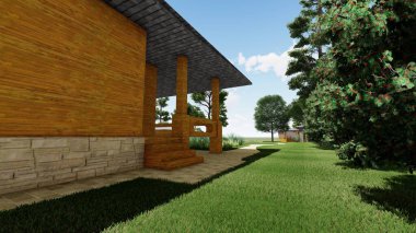 Memleketin peyzaj tasarımının 3 boyutlu görüntüsü. Bölgenin peyzajı. Birleşik peyzaj ve peyzaj çözümlerinin bilgisayar görselleştirmesi.