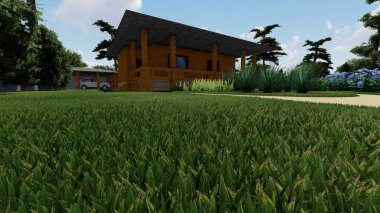 Memleketin peyzaj tasarımının 3 boyutlu görüntüsü. Bölgenin peyzajı. Birleşik peyzaj ve peyzaj çözümlerinin bilgisayar görselleştirmesi.