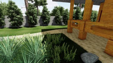 Memleketin peyzaj tasarımının 3 boyutlu görüntüsü. Bölgenin peyzajı. Birleşik peyzaj ve peyzaj çözümlerinin bilgisayar görselleştirmesi.